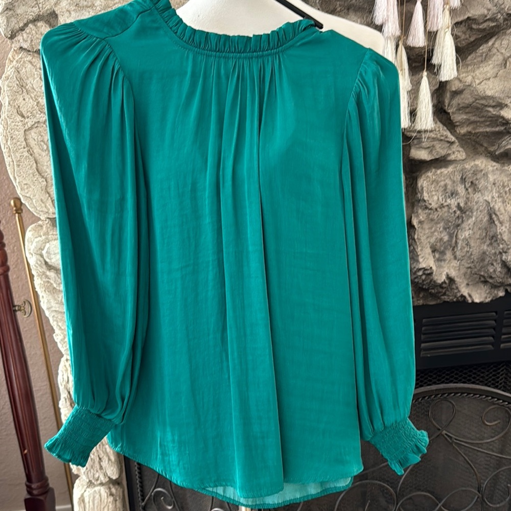 Ruffled Green Blouse with Billowy Sleeves